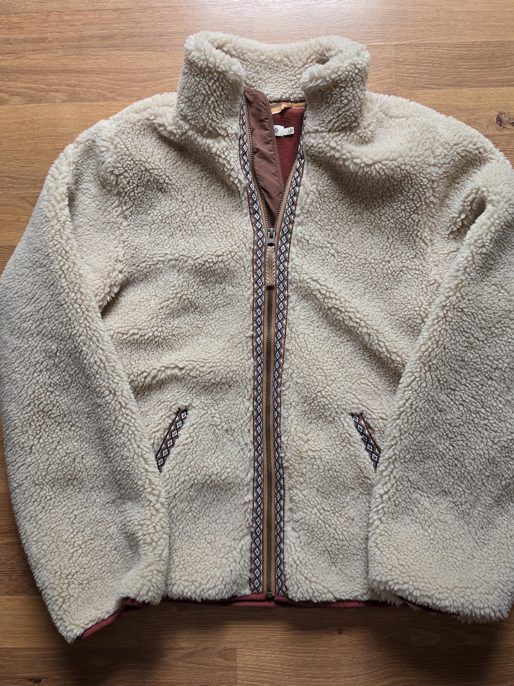 Faherty Cream Sherpa Zip Jacket with Brown Trim